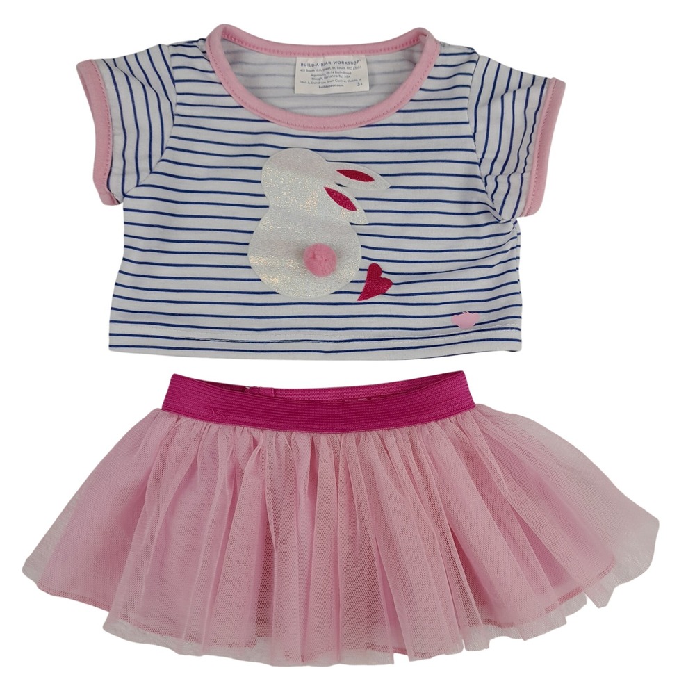 Build-A-Bear Bunny Stripe Shirt and Pink Tutu Skirt Set Plush Outfit